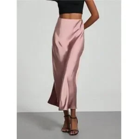 Dusty Pink Satin A-Line Skirt High Waisted Long - Picture 4 of 5